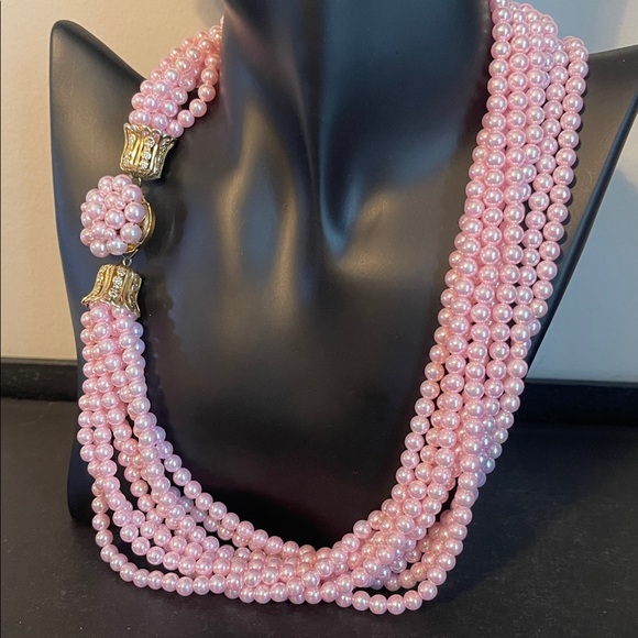 Vintage Jewelry - Vintage Japan Pink Pearlescent Multi-Strand Decorative Box Clasp Necklace